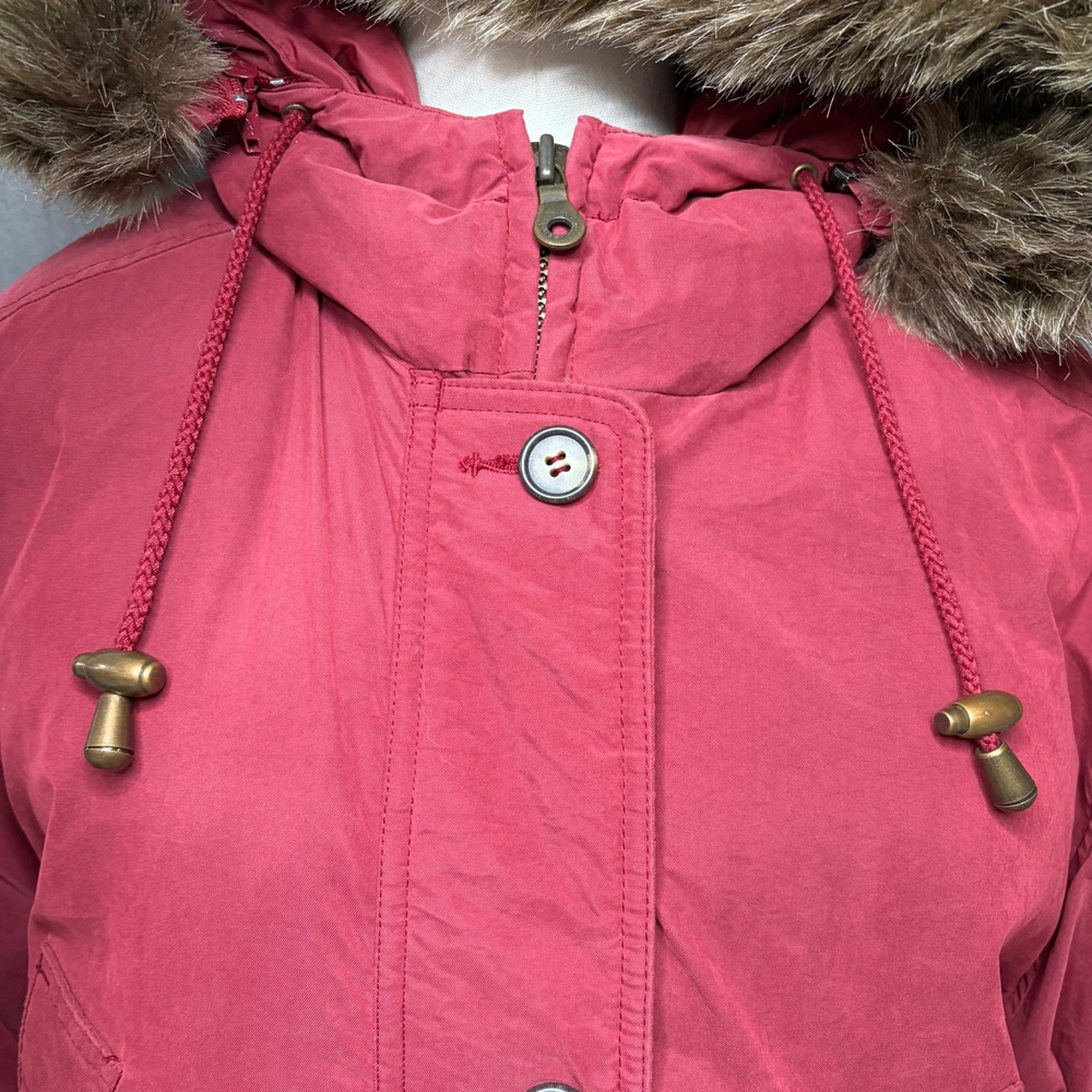 Vtg 90s Lands' End Goose Down Parka Womens M Red Full Length Fur Hood Long Coat - Picture 4 of 16